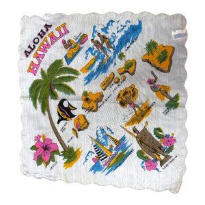 Vintage Aloha Hawaii State Landmark Souvenir Handkerchief Hanky Kamehameha